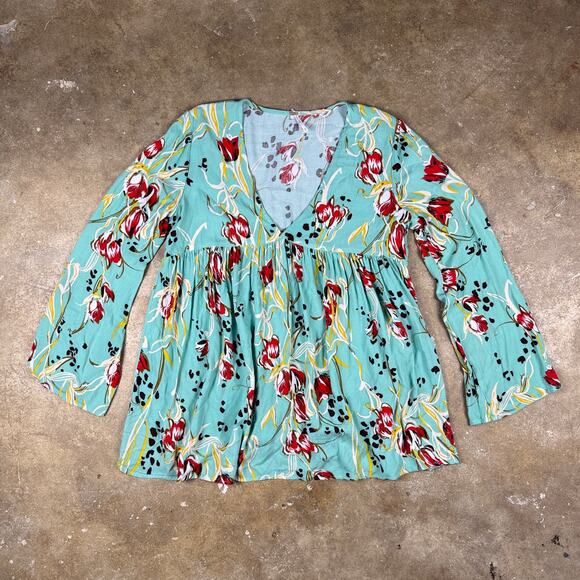 Free People Bella Babydoll Tunic Top Womens XS Teal Floral V-Neck Boho Blouse - Picture 1 of 12